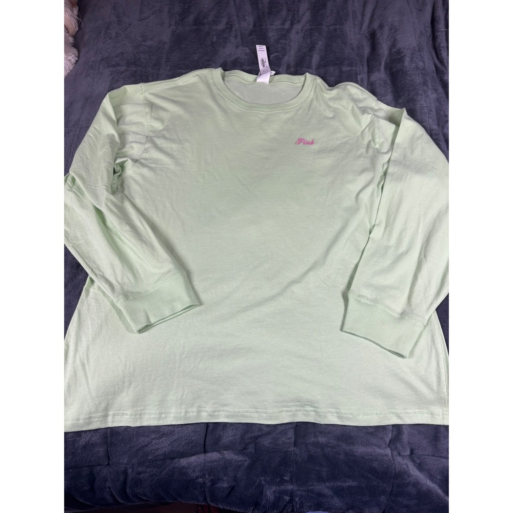 PINK Victoria's Secret Mint Green Long Sleeve Graphic Heart Tee Shirt Large NEW